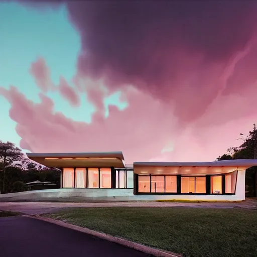 Image similar to modernist house inspired by a taco bell between big trees, light pink clouds, dramatic lighting, artstation, matte painting, raphael lacoste, simon stalenhag, frank lloyd wright, zaha hadid