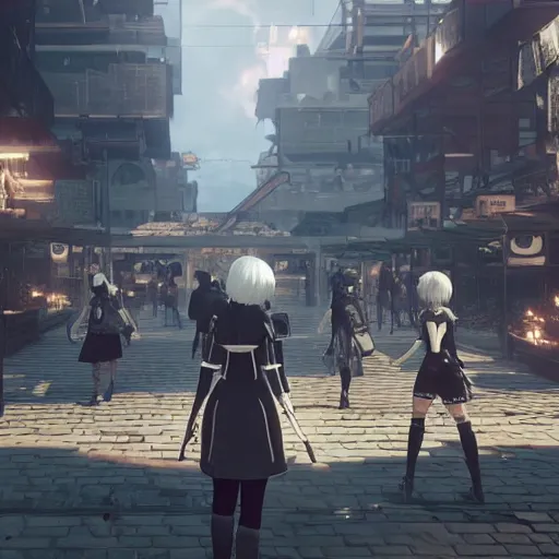Image similar to Screenshot from Nier Automata in a bustling market