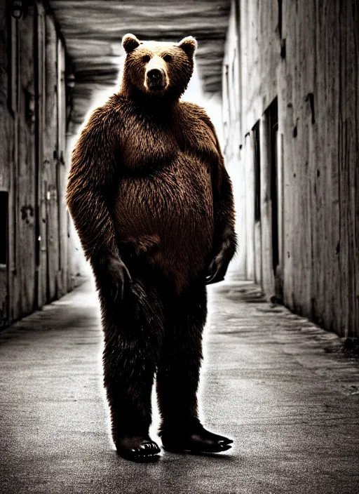 Image similar to bear man waiting in a dark alley, 8k resolution, high detail, reflections, post processing