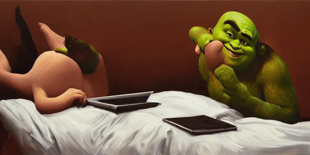 Image similar to A beautiful painting of Shrek laying on his white bed with a laptop on his chest