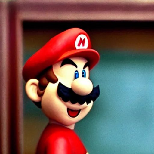 Image similar to Mario Mario in a still from the short movie The Wrong Trousers (1993), stopmotion animation, detailed plasticine models, 4k