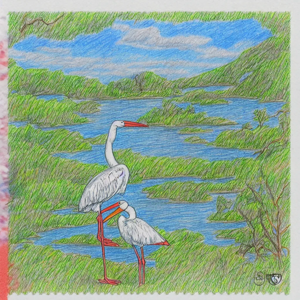 Prompt: post stamp drawing of a stork, lake and forest in distance, colourful, very detailed, 4 k