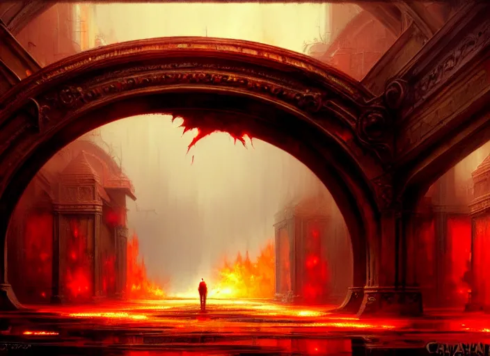 Image similar to huge gate, environment, illustration, fire, smoky, red, colors, epic scene, by craig mullins, symmetrical, golden raito, high quality, intricate details, details, intricate, atmosphere, highly detailed, matte painting, cinematic, deviantart, realistic, concept art, 4 k