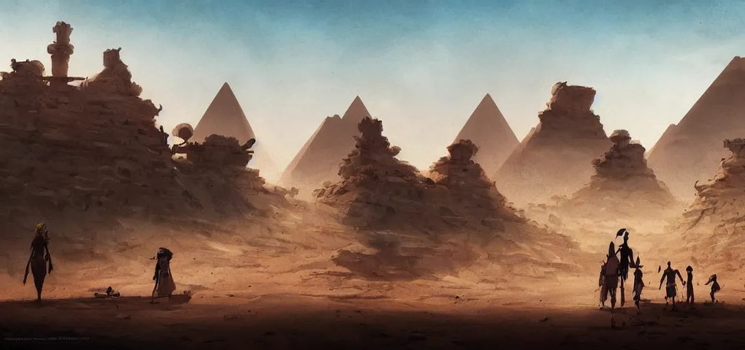 Image similar to egyptian landscape, desert, zombies, by studio ghibli and greg rutkowski,