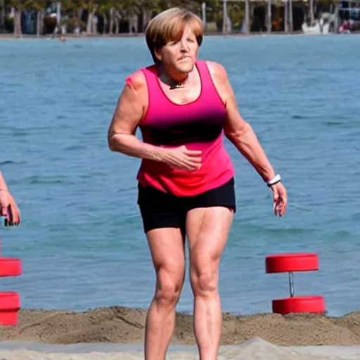 Image similar to angela merkel working out at muscle beach l. a., lots of muscles, good body