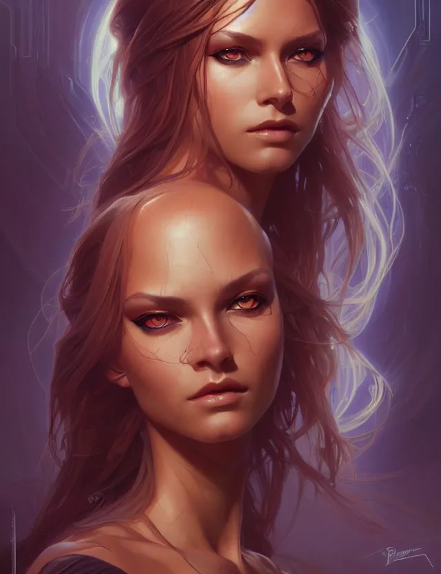 Image similar to futuristic woman portrait, sci-fi, amber eyes, face, long hair, fantasy, intricate, elegant, highly detailed, digital painting, artstation, concept art, smooth, sharp focus, illustration, art by artgerm and greg rutkowski and alphonse mucha