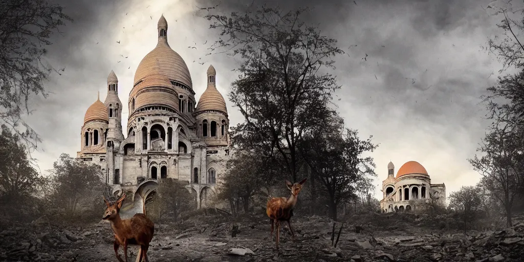 Prompt: the abandoned post-apocalyptic Basilica of Sacré Coeur de Montmartre, toxic orange clouds and contrast the white exterior, a two-headed deer looks on in the distance from the sparse twisted silhouetted foliage, a highly detailed matte painting, featured on Artstation