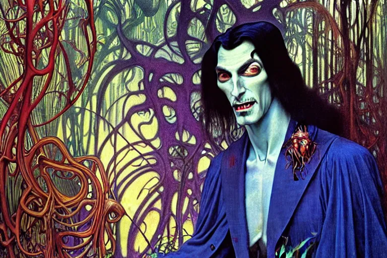 Image similar to realistic extremely detailed portrait painting of an elegantly creepy vampire man dressed as dracula, futuristic sci-fi forest on background by Jean Delville, Amano, Yves Tanguy, Alphonse Mucha, Ernst Haeckel, Edward Robert Hughes, Roger Dean, rich moody colours, blue eyes