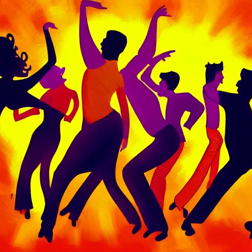 Prompt: semi realistic portrait of The sun is exploding while Latino Cubans Dancers Salsa Dancing by Stanley Artgerm Lau, sun exploding on the background, Gesture draw, Salsa Social Dance, couple, lady using yellow dress, guy using the purple fancy suit, Salsa tricks, explosive background, WLOP, Rossdraws, Gesture draw, James Jean, Andrei Riabovitchev, Marc Simonetti, and Sakimichan, trending on artstation