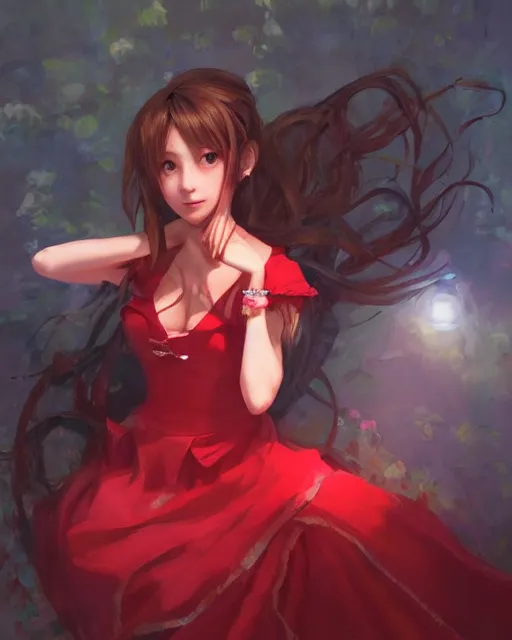 Prompt: aerith gainsborough in red cottagecore dress, portrait, illustration, rim light, top light, perfectly shaded, soft painting, art by krenz cushart and wenjun lin
