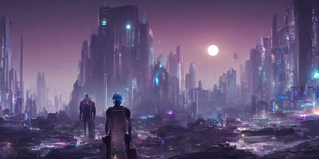 Prompt: a cinematic composition depicting : a translucid crystal - being viewing how a high tech solarpunk tribe with their technology is encroaching on a distant cyberpunk world with white clad buildings at full moon light