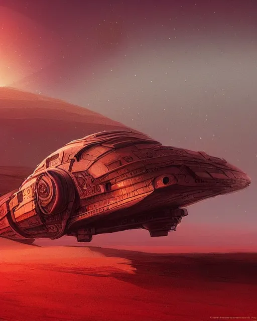 Image similar to ancient space ship, desert planet, cinematic, highly detailed, scifi, intricate digital painting, sunset, red glow, illustration, artstation, by wiktor ohman