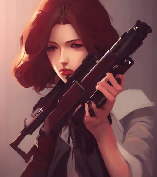 Prompt: pretty woman holding a gun, by wlop, rain, poster, anime key visual, artstation