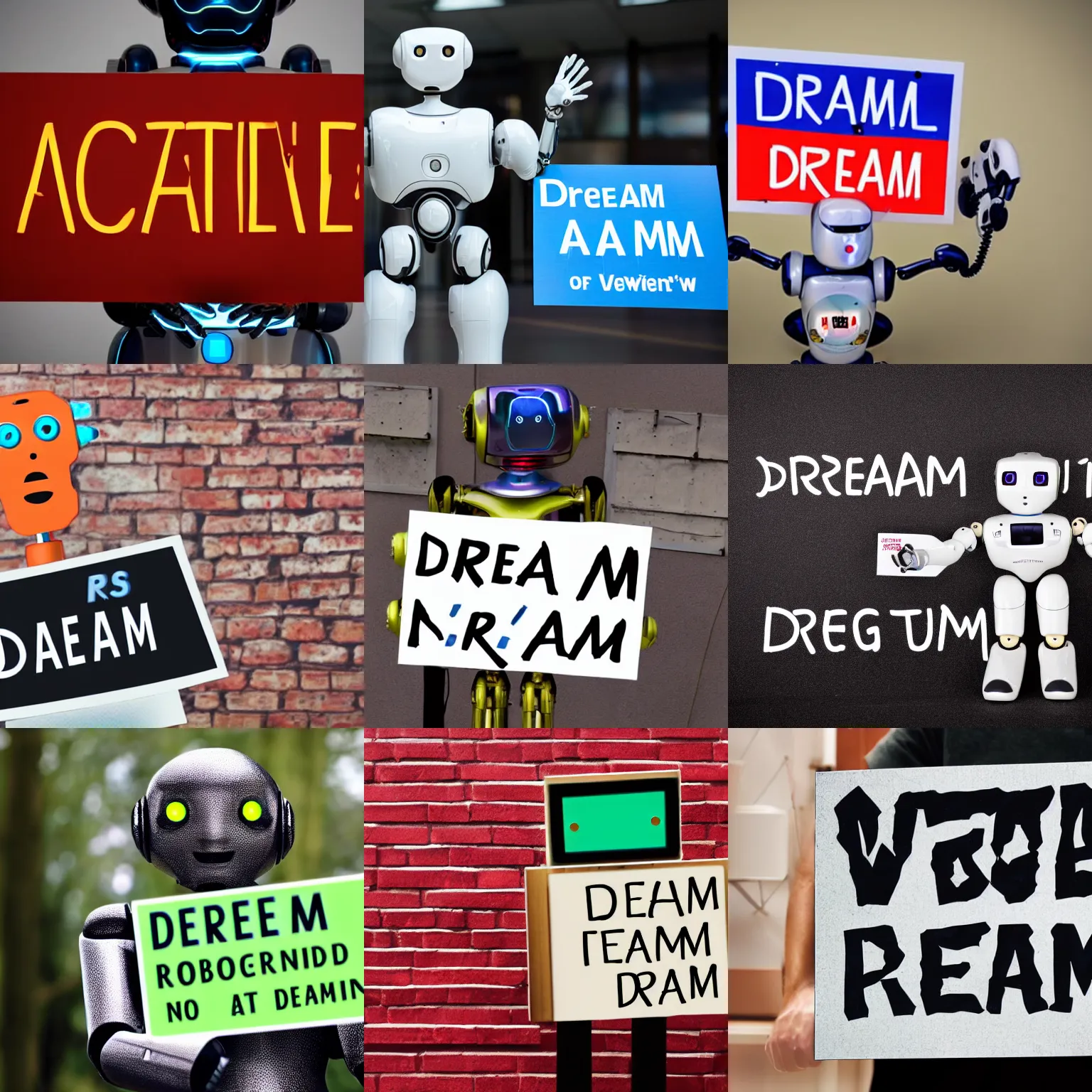 Prompt: photo of artificial intelligence robot holding a sign with text that reads : dream