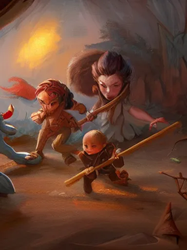 Prompt: a bunch of kids playing with sticks. fight intricate, elegant, highly detailed, digital painting, artstation, concept art, sharp focus, illustration, by justin gerard and artgerm, 8 k