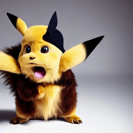 Image similar to portrait sneezing mid - sneeze cute detective pikachu mid - sneeze wiping face with rag at a photoshoot studio lighting