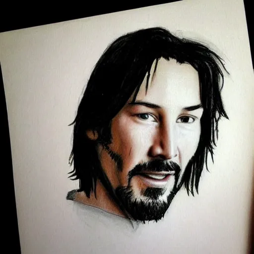 Prompt: infant drawing of keanu reeves, crayons, drawn by a young child, hanging on my fridge