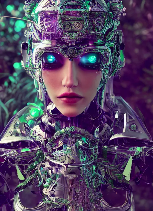 Image similar to beautiful female robot covered by plants and crystals in the mystical forest, beautiful symmetrical face, chrome parts, opal crystals, renaissance style, cyber punk, sci - fi, filigree jewellery, baroque, cinematic light, mystical shadows, 8 k, octane render