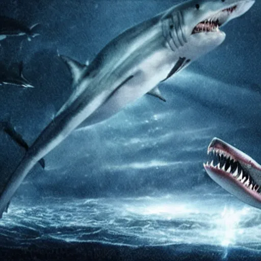 Prompt: Still from the movie Sharknado, in space with angry sharks floating on the left in front of the interstellar space filled with stars, ready to attack the planet earth on the right. Cinematic, technicolor, breathtaking.