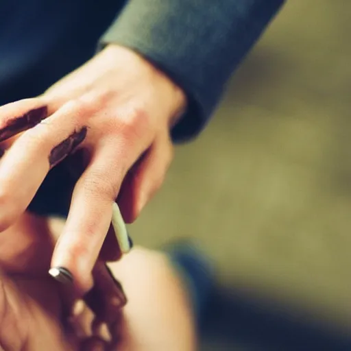 Prompt: normal man's hand with five fingers and a ring and a cigarette between the fingers