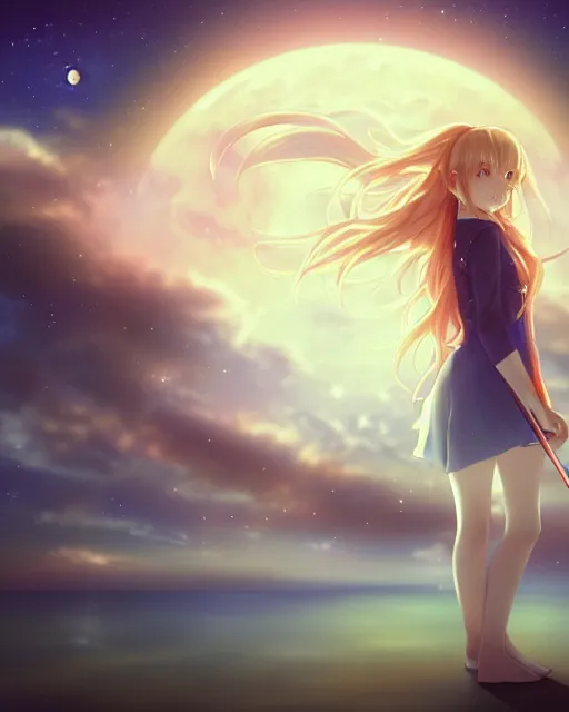 Image similar to teen, cute, full body, a female with white skin and golden long wavy hair holding a violin and playing a song, heavenly, stunning art style, filters applied, lunar time, night sky, trending art, sharp focus, centered, landscape shot, fate zero, simple background, studio ghibly makoto shinkai yuji yamaguchi, by wlop