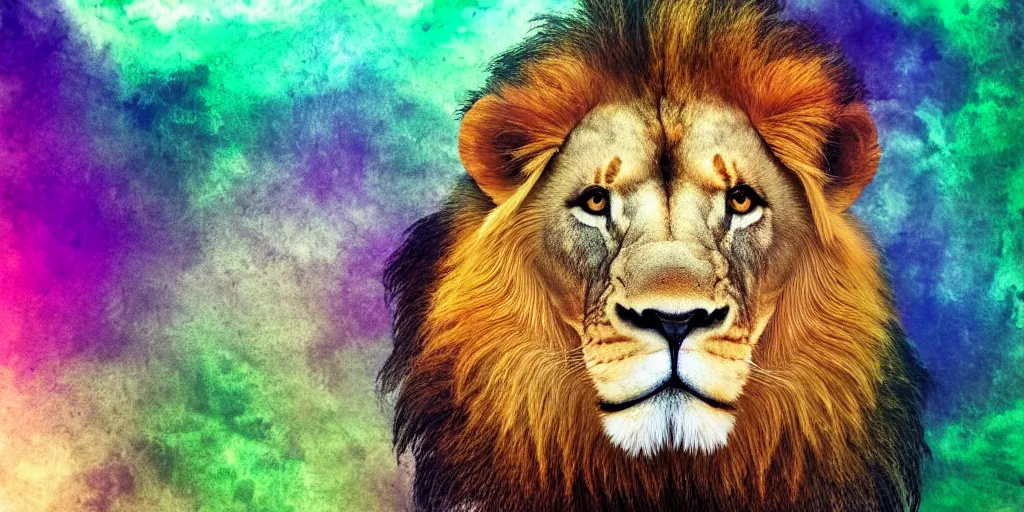 Prompt: dreamy lion, abstract background, green eyes, aggressive and brave