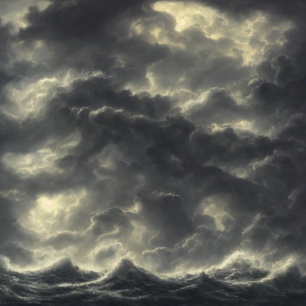 Image similar to a fantasy book landscape with a giant dark kraken. stormy sea with a small boat, giant waves, lightning in the background, oil painting, 4 k