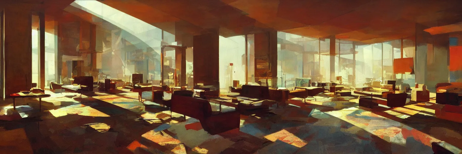 Prompt: midcentury architecture. modernism. rays of light filling the room. warm colors. wide shot. craig mullins.