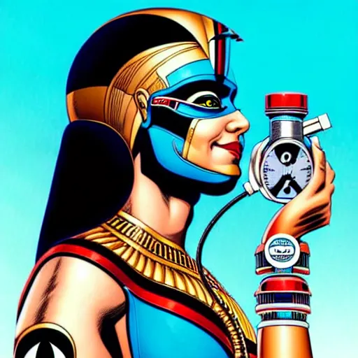 Image similar to a profile photo of a egyptian woman with a diving oxygen mask with side profile blood in ocean intricate details by MARVEL comics and Sandra Chevrier-C