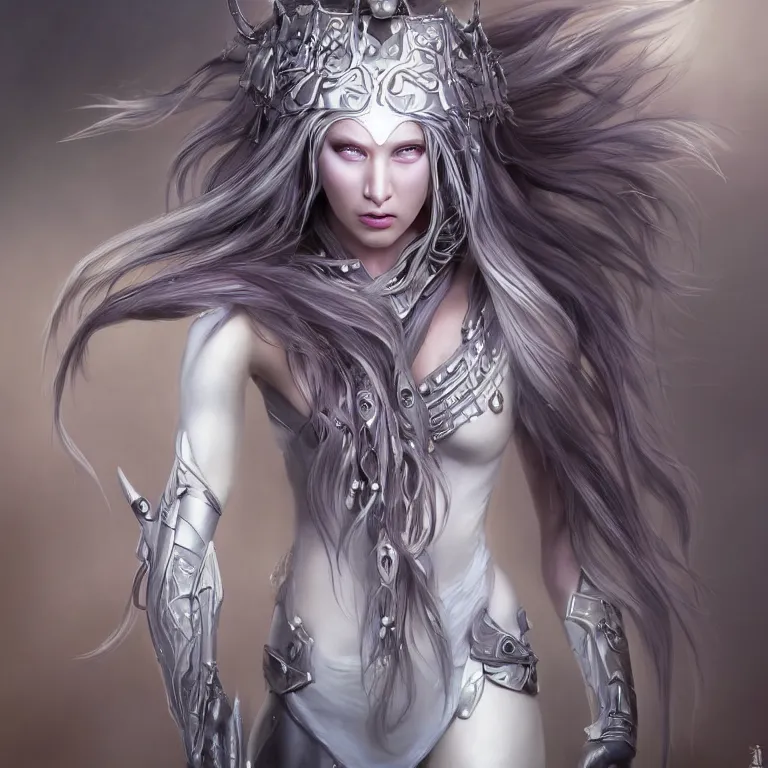 Image similar to portrait anthropomorphic candy gumdrop character with brilliant silver flowing hair and a brilliant jeweled silver helm, beautiful white glowing eyes, wideshot ultrawide angle epic scale, hybrid from The Elden Ring and art direction by Darius Zawadzki ;by artgerm; wayne reynolds art station; cinematic quality character render; low angle; ultra high quality model; production quality cinema model;