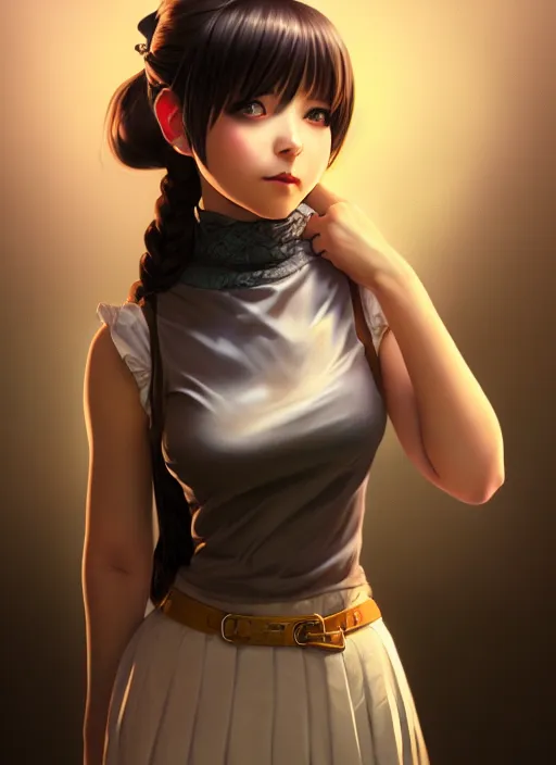 Image similar to portrait of a full body of beautiful young female detective, d & d, sleeveless turtleneck, pleated skirt, fantasy, flat lighting, intricate, highly detailed, digital painting, artstation, concept art, smooth, sharp focus, illustration, misa amane, art by simon bisley and greg rutkowski and alphonse mucha, natural tpose