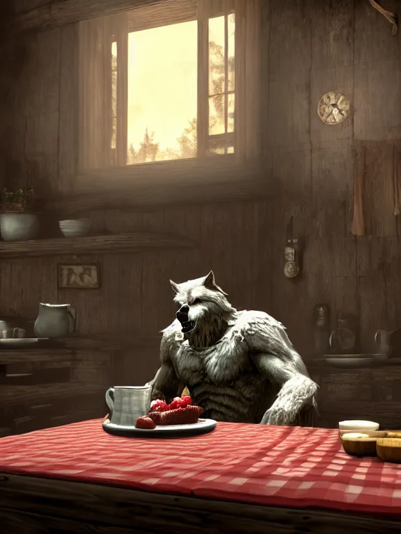 Image similar to cute handsome cuddly burly surly relaxed calm timid werewolf from van helsing sitting down at the breakfast table in the kitchen of a normal country home cooking having fun baking strawberry tart cakes unreal engine hyperreallistic render 8k character concept art masterpiece screenshot from the video game the Elder Scrolls V: Skyrim