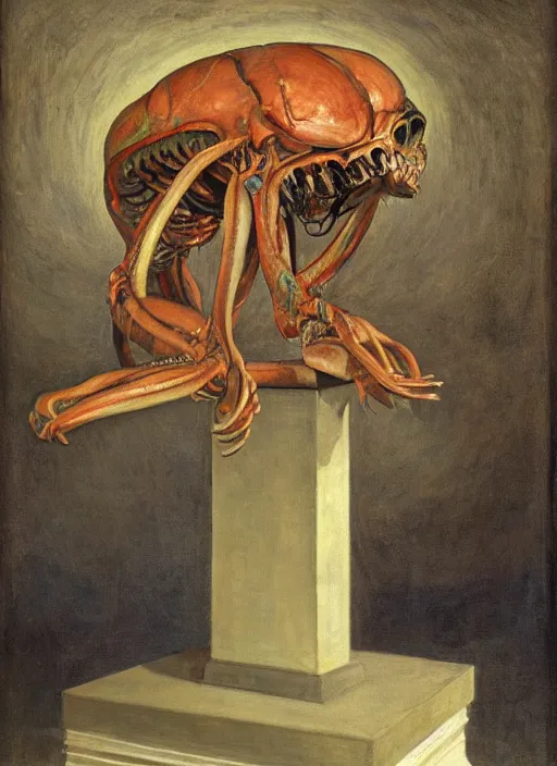 Prompt: a teratoma on a plinth in the middle of a museum room realizing that he has consciousness painted by hopper and giger