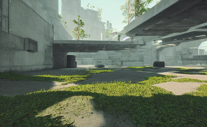 Image similar to screenshot of game on unreal engine 5, in a liminal underground garden, photorealistic, retrofuturism, brutalism, staggered terraces, minimalist, soft vintage glow