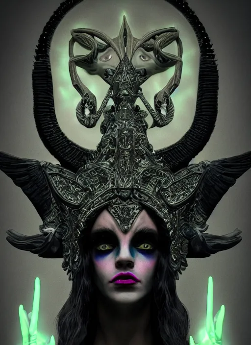 Image similar to inside covens den, diffuse lighting, neon demon exorcist baphomet hyper ornate wiccan masks, hdrp render, intricate wiccan facial detailing, highly detailed, lifelike, photorealistic, digital painting, artstation, unreal 5, smooth, sharp focus, art by john collier, albert aublet, krenz cushart