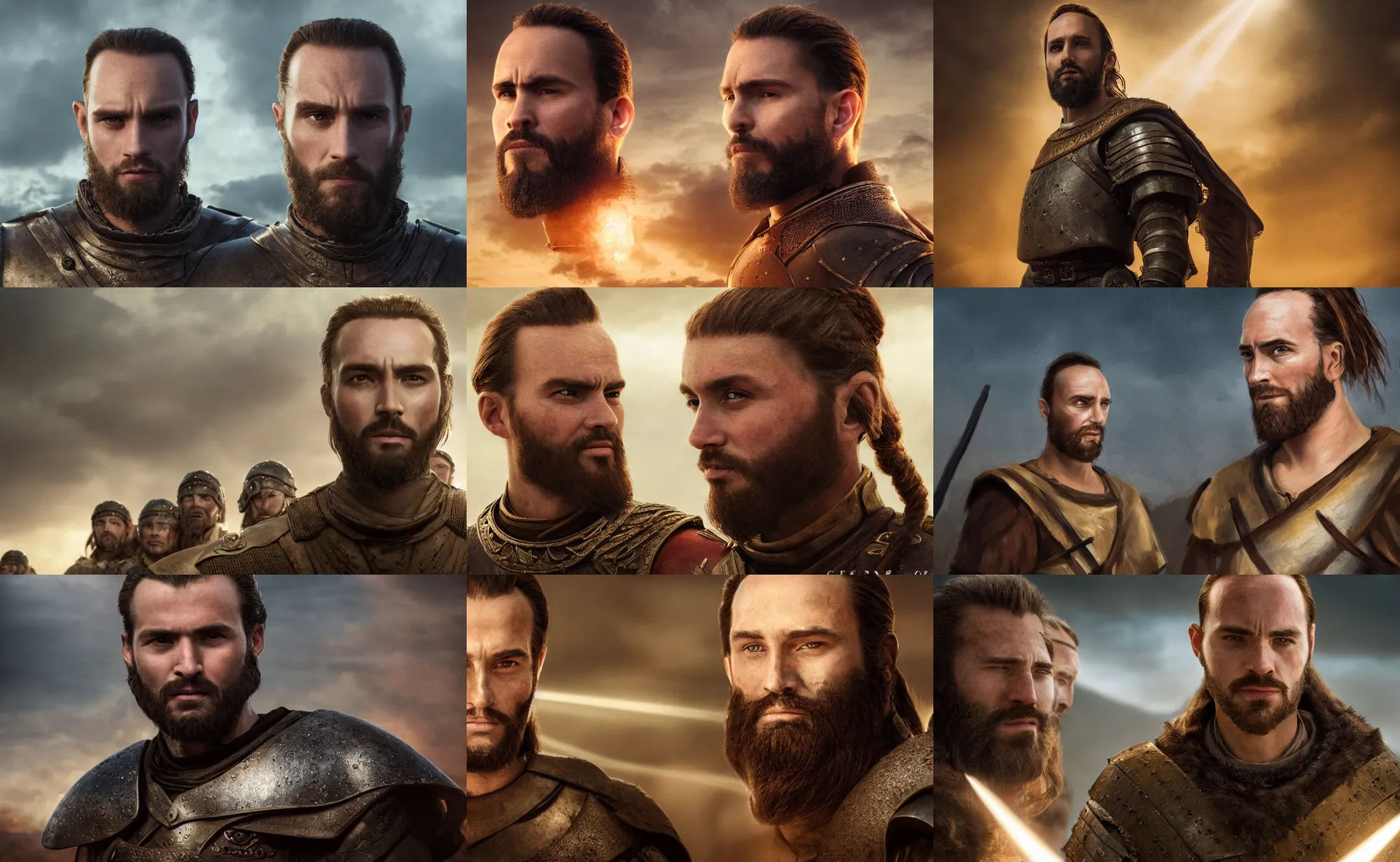 Prompt: cinematic artwork of a medieval commander his late twenties standing in front of his army with light brown hair tied back, a large forehead, a widows peak and a round face with high cheekbones by greg rutowski, 4 k, masterpiece, sun rays