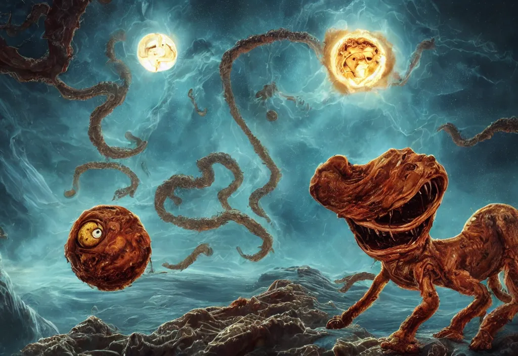 Image similar to eldritch horror bloody garfield in space, hd, 8 k, giant, epic, realistic photo, unreal engine, prophecy, powerful, cinematic lighting, destroyed planet, debris, violent, sinister, ray tracing, dynamic, epic composition, dark, horrific, teeth, grotesque, monochrome drawing, hellscape, corpses, foreboding, lightning, garfield cartoon eyes