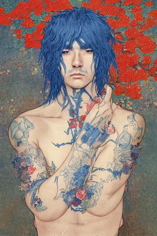 Image similar to portrait of beautiful young man, warhammer, japanic style, cyberpunk, a lot of scars, more and more flowers, blue head, sun side, some red water, the middle ages, highly detailed, artstation, illustration, art by gustav klimt, 8 k quality