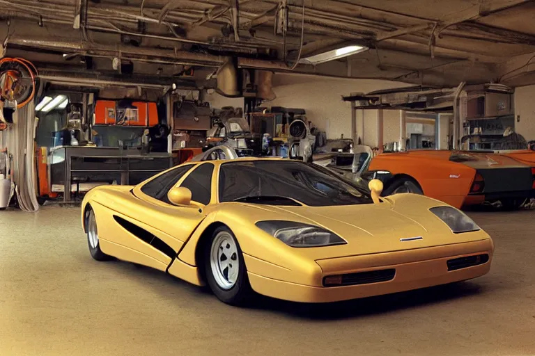 Prompt: McLaren F1, inside of an unlit 1970s auto repair garage, ektachrome photograph, volumetric lighting, f8 aperture, cinematic Eastman 5384 film