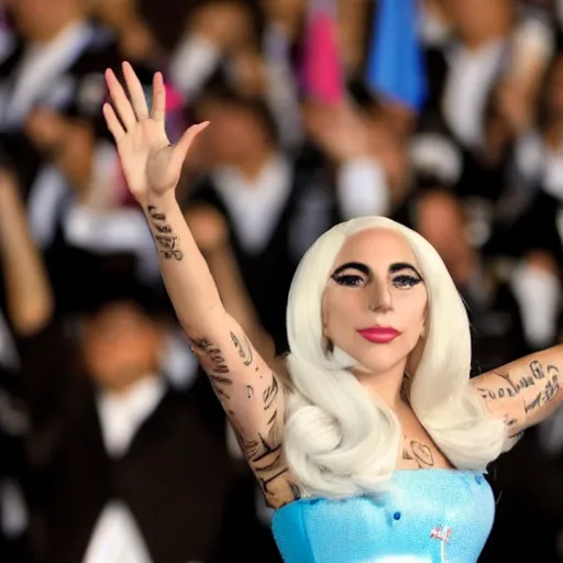 Image similar to Lady Gaga president of Argentina, Argentina flag behind, bokeh, detailed, hd, waving hands