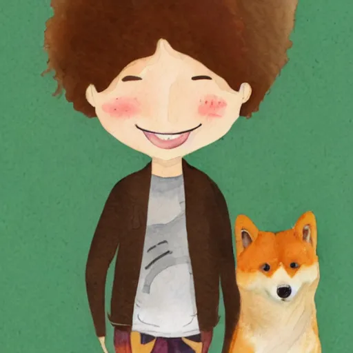 Image similar to a watercolor illustration of a girl with light brown hair, hazel eyes and freckles accompanied by a shiba inu