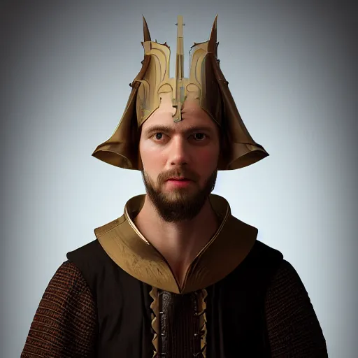 Prompt: portrait of a man, wearing renaissance clothes, star wars character, volumetric lights, symmetry, headpiece, trending on artstation, sharp focus, leica, studio photo, intricate details, highly detailed