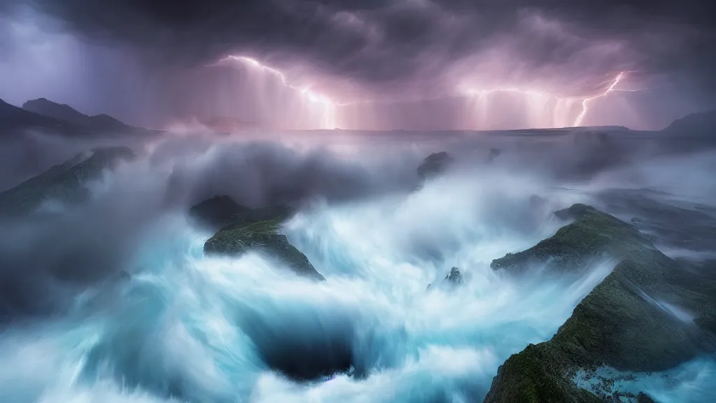 Image similar to amazing landscape photo of a tempest by marc adamus, beautiful dramatic lighting