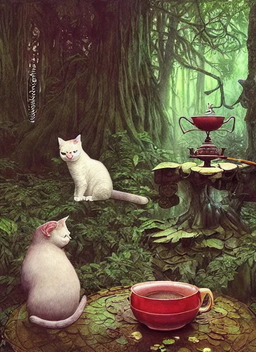 Image similar to cat having tea at a shrine in the woods gorgeous lighting, lush forest foliage a hyper realistic painting by chiara bautista and beksinski and norman rockwell and greg rutkowski weta studio, and lucasfilm