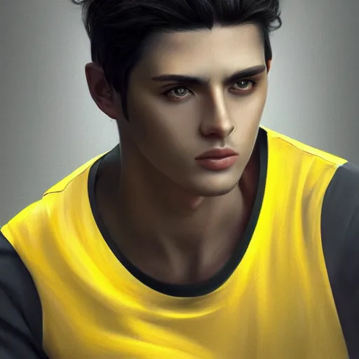 Image similar to ultra realistic illustration, a young man with black hair, in a yellow t - shirt, with blue eyes, highly detailed, digital painting, artstation, concept art, smooth, sharp focus, illustration