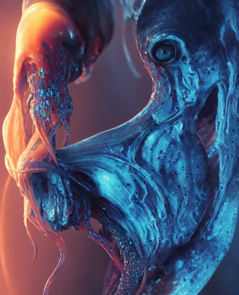 Image similar to hooded goddess close - up portrait hooded human skull, ram skull, squid phoenix jellyfish, orchid, betta fish, bioluminiscent, intricate artwork by tooth wu and wlop and beeple. octane render, trending on artstation, greg rutkowski very coherent symmetrical artwork. cinematic, hyper realism, high detail, octane render, 8 k