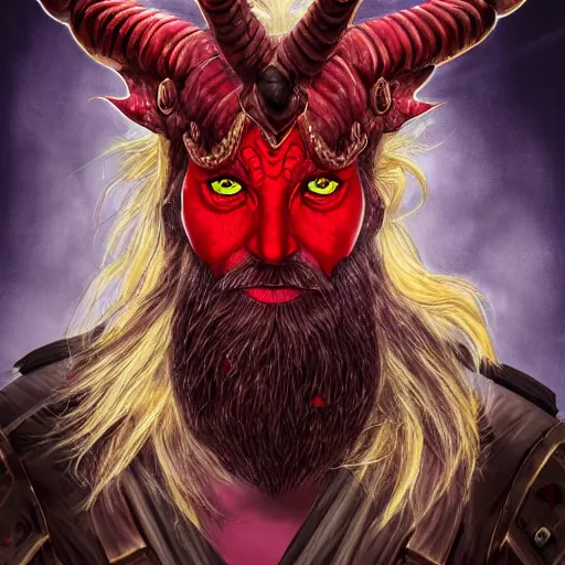 Image similar to dnd style portrait of a tiefling, male, red scales, red skin, a big black beard, completely golden eyes, 2 black ram horns growing out of his forehead,