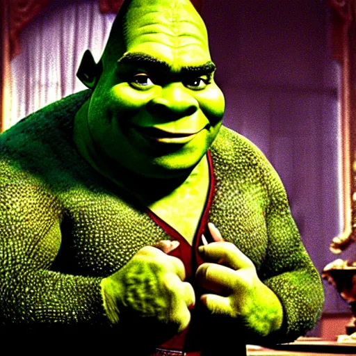 Prompt: shrek as michael in the godfather, realistic photo, 1 9 8 0, old movie, film grain, 1 6 mm, spectacular