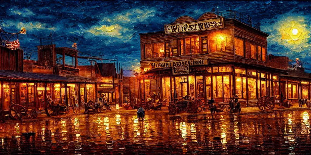 Prompt: oil painting of wild west small town, western, old west, nighttime, high production value, intricate details, high resolution, hyperrealistic, hdr, high definition, masterpiece, ultra realistic, highly detailed, hd, sharp focus, non blurry, sharp, smooth