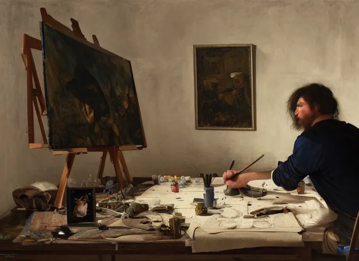 Prompt: a painter in his studio painting a picture of wojak memes, by edgar maxence and caravaggio and michael whelan and delacroix style, artistic, intricate drawing, cinematic lighting, hyper realistic, extremely detailed, establishing shot, 8 k resolution, dramatic lighting